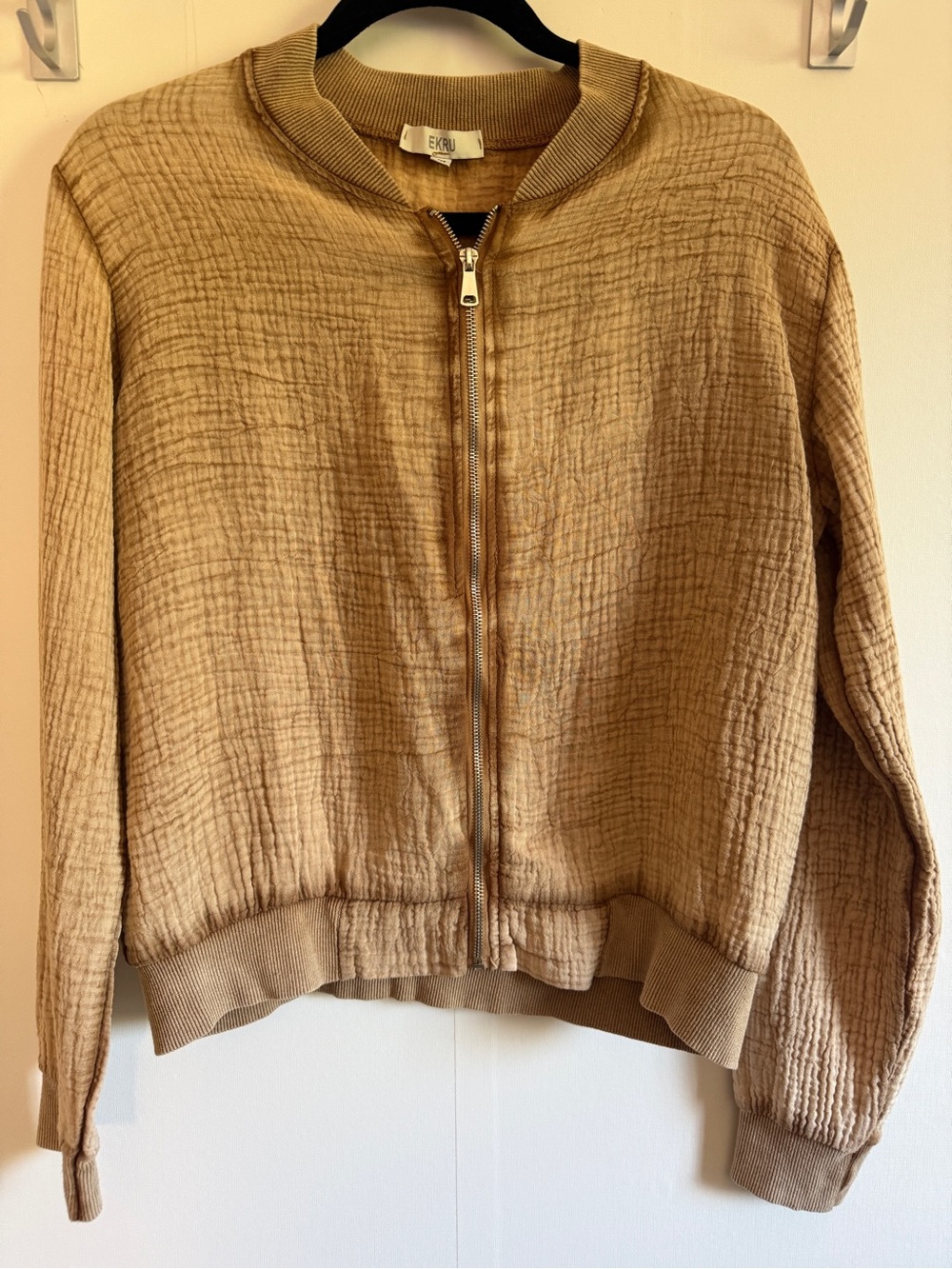 EKRU Italy Cotton Gauze Zip Bomber Jacket Tan Beige Double Muslin Medium